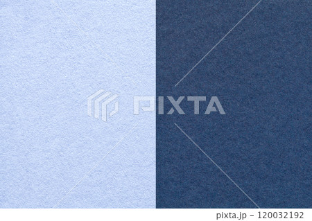 Texture of craft light sky and navy blue paper background, half two colors, macro. Structure of vintage denim cardboard. 120032192