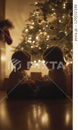 Christmas anticipation: siblings huddled together by beautifully decorated tree, illuminated by warm ornament lights, sharing excited whispers about presents waiting for them on Christmas morning 120032386