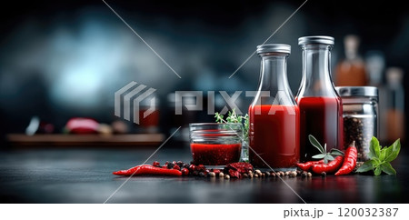 Spice indulgence: fiery hot sauce in sleek glass container, accompanied by vibrant display of peppers, rich spices, showcasing bold flavors that add heat, depth to any dish 120032387