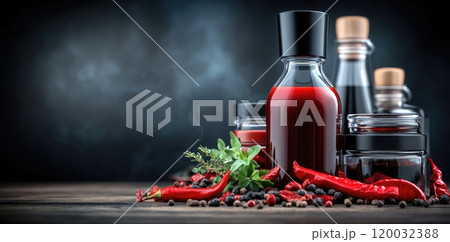 Flavor burst: tantalizing hot sauce elegantly presented in glass container, surrounded by fresh peppers, aromatic spices, highlighting perfect blend of heat, taste for culinary enthusiasts 120032388