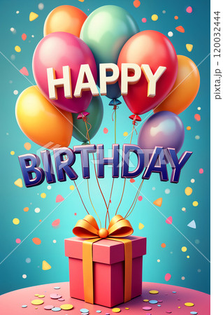 Colorful balloons with birthday wishes. 120032444