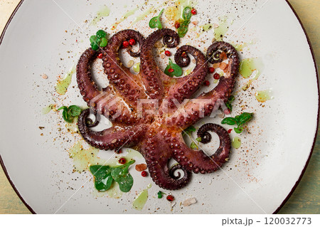 Boiled octopus, close-up, rustic style, no people, top view, close-up, 120032773