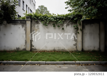 Weathered wall with climbing plants and grass in urban setting 120032811