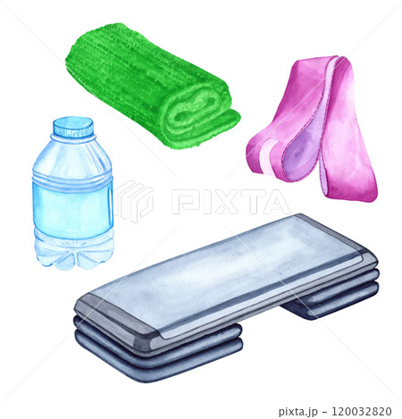 Watercolor illustration of a set of elastic band, aerobic step, towel and bottle. The drawing is made by hand. Elements on a transparent background. Image for stickers, scrapbooking, posters, prints 120032820
