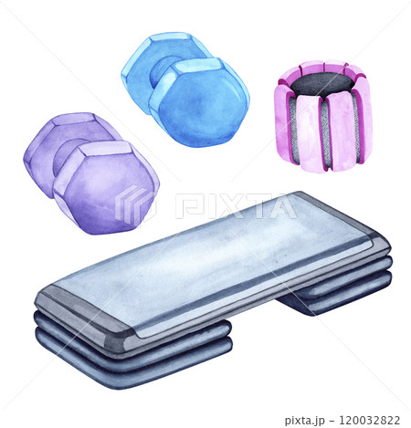 Watercolor illustration of a set of dumbbells and a step for aerobics. The drawing is done by hand. Elements on a transparent background. Image of objects for stickers, scrapbooking, posters, prints 120032822