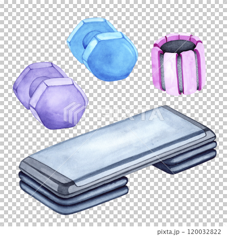 Watercolor illustration of a set of dumbbells and a step for aerobics. The drawing is done by hand. Elements on a transparent background. Image of objects for stickers, scrapbooking, posters, prints 120032822