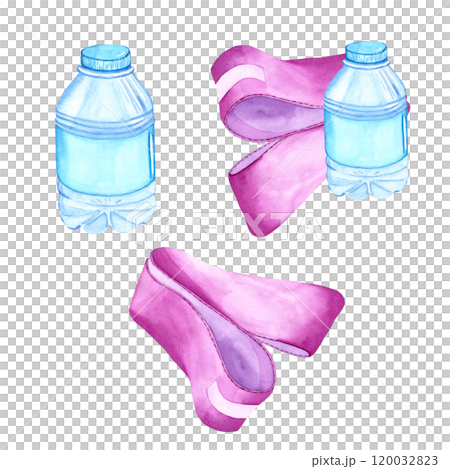 Watercolor illustration of a water bottle and a rubber band. The drawing is done by hand. Elements on a transparent background. Image of objects for stickers, scrapbooking, posters, prints Watercolor illustration of a water bottle and a rubber band. The drawing is done by hand. Elements on a transparent background. Image of objects for stickers, scrapbooking, posters, prints 120032823