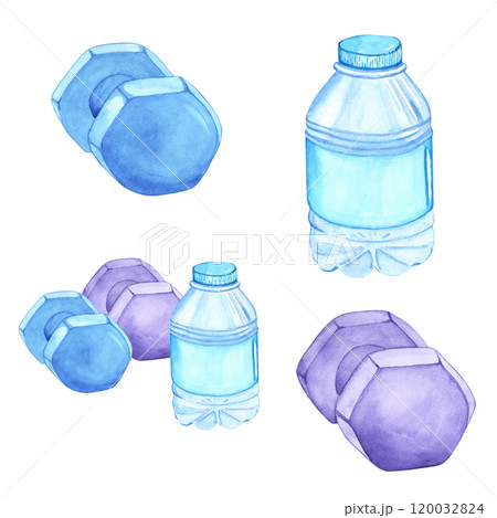 Watercolor illustration of a water bottle and weights. The drawing is done by hand. Elements on a transparent background. Image of objects for stickers, scrapbooking, posters, prints Watercolor illustration of a water bottle and weights. The drawing is done by hand. Elements on a transparent background. Image of objects for stickers, scrapbooking, posters, prints 120032824