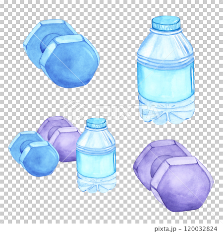 Watercolor illustration of a water bottle and weights. The drawing is done by hand. Elements on a transparent background. Image of objects for stickers, scrapbooking, posters, prints Watercolor illustration of a water bottle and weights. The drawing is done by hand. Elements on a transparent background. Image of objects for stickers, scrapbooking, posters, prints 120032824
