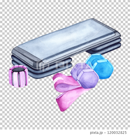 Watercolor illustration of aerobic step, dumbbells, weights and band. The drawing is done by hand. Elements on a transparent background. Image of objects for stickers, scrapbooking, posters, prints Watercolor illustration of aerobic step, dumbbells, weights and band. The drawing is done by hand. Elements on a transparent background. Image of objects for stickers, scrapbooking, posters, prints 120032825