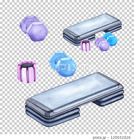 Watercolor illustration of aerobic step and dumbbells. The drawing is done by hand. Sports equipment on a transparent background. Image of objects for stickers, scrapbooking, posters, prints Watercolor illustration of aerobic step and dumbbells. The drawing is done by hand. Sports equipment on a transparent background. Image of objects for stickers, scrapbooking, posters, prints 120032826