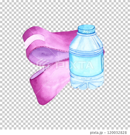 Watercolor illustration of a water bottle and a rubber band. The drawing is done by hand. Elements on a transparent background. Image of objects for stickers, scrapbooking, posters, prints Watercolor illustration of a water bottle and a rubber band. The drawing is done by hand. Elements on a transparent background. Image of objects for stickers, scrapbooking, posters, prints 120032828
