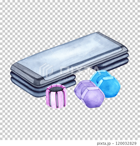 Watercolor illustration of aerobic step and dumbbells. The drawing is done by hand. Sports equipment on a transparent background. Image of objects for stickers, scrapbooking, posters, prints Watercolor illustration of aerobic step and dumbbells. The drawing is done by hand. Sports equipment on a transparent background. Image of objects for stickers, scrapbooking, posters, prints 120032829