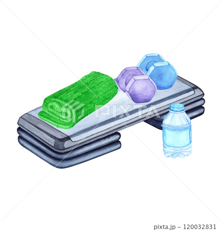 Watercolor illustration of aerobic step, towel, water bottle and dumbbells. Hand drawn. Sports equipment on transparent background. Image of items for stickers, scrapbooking, posters, prints 120032831