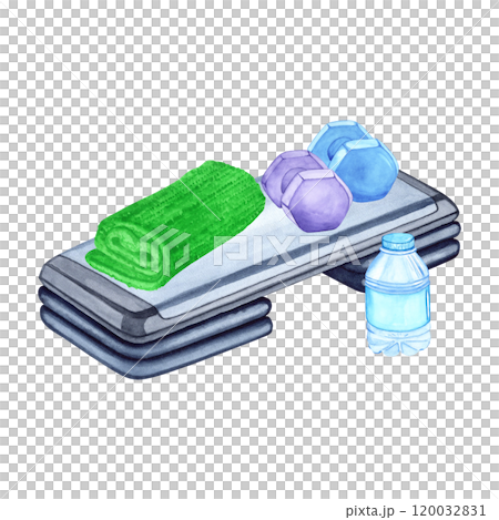 Watercolor illustration of aerobic step, towel, water bottle and dumbbells. Hand drawn. Sports equipment on transparent background. Image of items for stickers, scrapbooking, posters, prints 120032831
