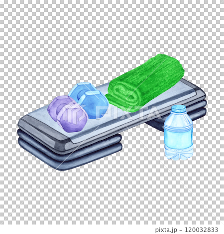 Watercolor illustration of aerobic step, towel, water bottle and dumbbells. Hand drawn. Sports equipment on transparent background. Image of items for stickers, scrapbooking, posters, prints 120032833