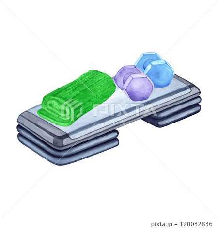 Watercolor illustration of aerobic step, towel and dumbbells. Hand drawn. Sports equipment on transparent background. Image of items for stickers, scrapbooking, posters, prints 120032836