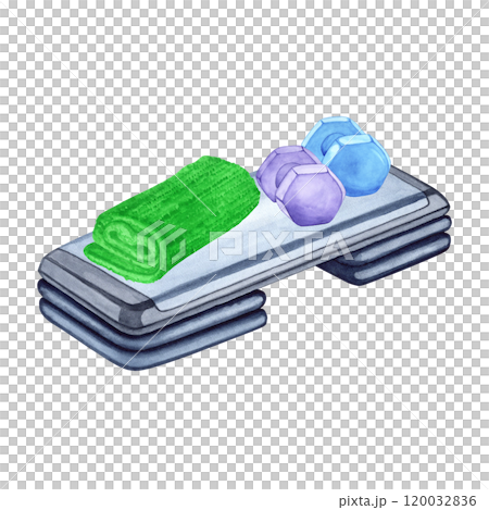 Watercolor illustration of aerobic step, towel and dumbbells. Hand drawn. Sports equipment on transparent background. Image of items for stickers, scrapbooking, posters, prints 120032836
