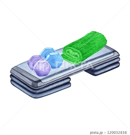 Watercolor illustration of aerobic step, towel and dumbbells. Hand drawn. Sports equipment on transparent background. Image of items for stickers, scrapbooking, posters, prints Watercolor illustration of aerobic step, towel and dumbbells. Hand drawn. Sports equipment on transparent background. Image of items for stickers, scrapbooking, posters, prints 120032838