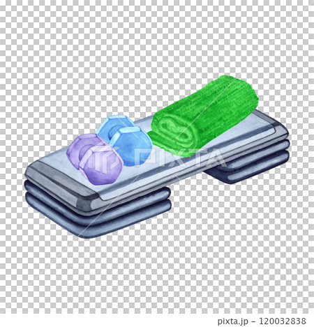 Watercolor illustration of aerobic step, towel and dumbbells. Hand drawn. Sports equipment on transparent background. Image of items for stickers, scrapbooking, posters, prints Watercolor illustration of aerobic step, towel and dumbbells. Hand drawn. Sports equipment on transparent background. Image of items for stickers, scrapbooking, posters, prints 120032838