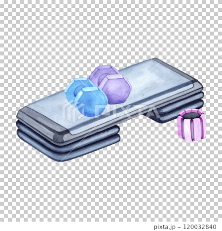Watercolor illustration of aerobic step and dumbbells. The drawing is done by hand. Sports equipment on a transparent background. Image of objects for stickers, scrapbooking, posters, prints Watercolor illustration of aerobic step and dumbbells. The drawing is done by hand. Sports equipment on a transparent background. Image of objects for stickers, scrapbooking, posters, prints 120032840