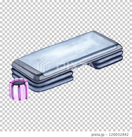 Watercolor illustration of aerobic step and dumbbells. The drawing is done by hand. Sports equipment on a transparent background. Image of objects for stickers, scrapbooking, posters, prints Watercolor illustration of aerobic step and dumbbells. The drawing is done by hand. Sports equipment on a transparent background. Image of objects for stickers, scrapbooking, posters, prints 120032842