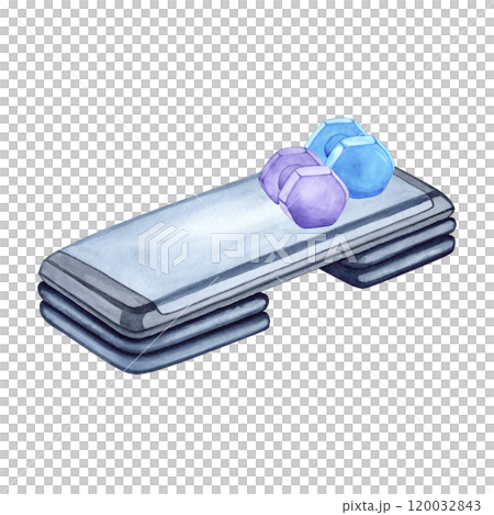 Watercolor illustration of aerobic step and dumbbells. The drawing is done by hand. Sports equipment on a transparent background. Image of objects for stickers, scrapbooking, posters, prints Watercolor illustration of aerobic step and dumbbells. The drawing is done by hand. Sports equipment on a transparent background. Image of objects for stickers, scrapbooking, posters, prints 120032843
