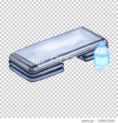 Watercolor illustration of aerobic step and water bottle. Hand drawn. Sports equipment on transparent background. Image of items for stickers, scrapbooking, posters, prints Watercolor illustration of aerobic step and water bottle. Hand drawn. Sports equipment on transparent background. Image of items for stickers, scrapbooking, posters, prints 120032844