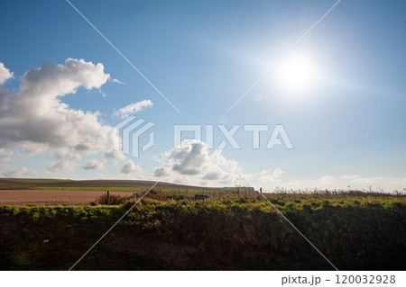 A Serene Landscape Filled with Lively and Bright Sunlight, Adorned with Beautiful Clouds 120032928