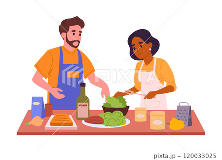 Cooking couple. Family cooking at home, tasty dishes, preparing food at home flat vector illustration. Homemade meal preparation Cooking couple. Family cooking at home, tasty dishes, preparing food at home flat vector illustration. Homemade meal preparation 120033025