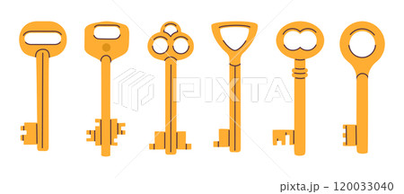 Golden door keys. Vintage retro keys, apartment, house or mailbox key, hand drawn gold keys flat vector illustration set. Cartoon keys icons 120033040