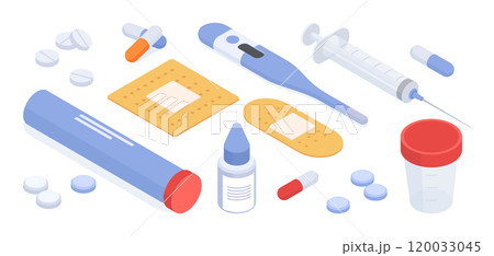 Health care supplies. Isometric pharmacy medicine, emergency tools, syringe, thermometer, patch, medical pills and drugs 3d vector illustration set. Pharmacy supplies collection 120033045