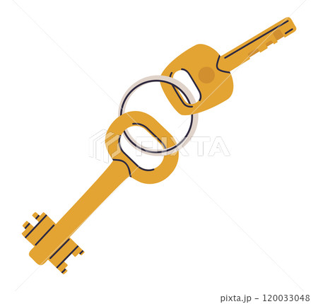 House entrance gold keys. Cartoon apartment door keys with keyring flat vector illustration. Hand drawn apartment keys on white 120033048