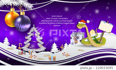 Christmas and New Year illustration Christmas balls on a fir tree a snake in a Santa Claus hat with a wooden plaque 120033095