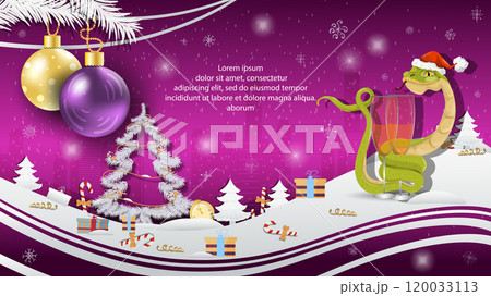 Christmas and New Year illustration Christmas tree balls on a fir tree a snake in a Santa Claus hat wraps around a glass with a drink 120033113