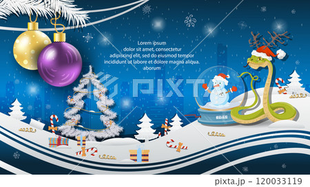 Christmas and New Years illustration with a place to fill in the text of congratulations Christmas balls hanging on tree branches a snake in a Santa Claus hat next to a glass ball 120033119