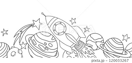 Vector seamless border with space rocket, planets and astronaut. Coloring book in doodle style 120033267
