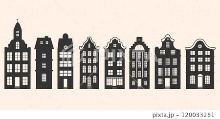 The white background depicts silhouettes of Danish building houses, retro houses. The white background depicts silhouettes of Danish building houses, retro houses. 120033281