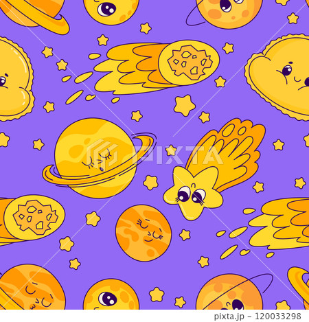 Cartoon characters planets, stars, sun and comets. Seamless pattern vector. Cute 120033298