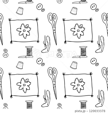 Sew scissors needlework doodle pattern vector art Sew scissors needlework doodle pattern vector art 120033378