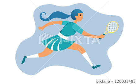 Woman playing big tennis with racket. Active sport concept design. Flat vector illustration Woman playing big tennis with racket. Active sport concept design. Flat vector illustration 120033483