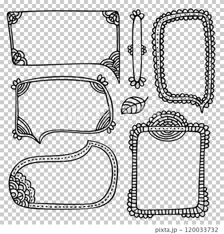 Bullet journal hand-drawn vector frames and elements for notebook, scrapbook, diary, or planner. Doodle black borders isolated on a white background.  120033732