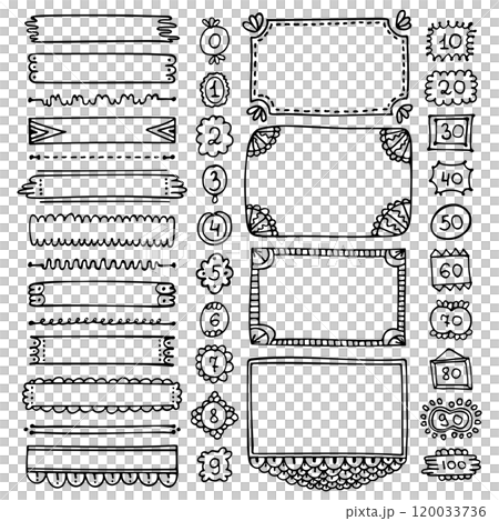 Bullet journal hand-drawn vector frames and elements for notebook, scrapbook, diary, or planner. Doodle black borders isolated on a white background.  120033736