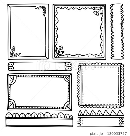 Bullet journal hand-drawn vector frames and elements for notebook, scrapbook, diary, or planner. Doodle black borders isolated on a white background.  120033737