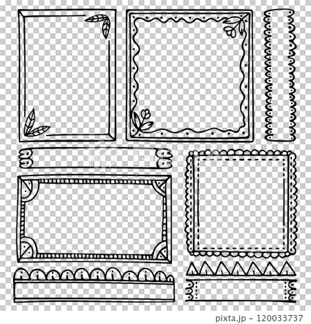 Bullet journal hand-drawn vector frames and elements for notebook, scrapbook, diary, or planner. Doodle black borders isolated on a white background.  120033737