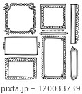 Bullet journal hand-drawn vector frames and elements for notebook, scrapbook, diary, or planner. Doodle black borders isolated on a white background.  120033739