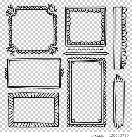 Bullet journal hand-drawn vector frames and elements for notebook, scrapbook, diary, or planner. Doodle black borders isolated on a white background.  120033739