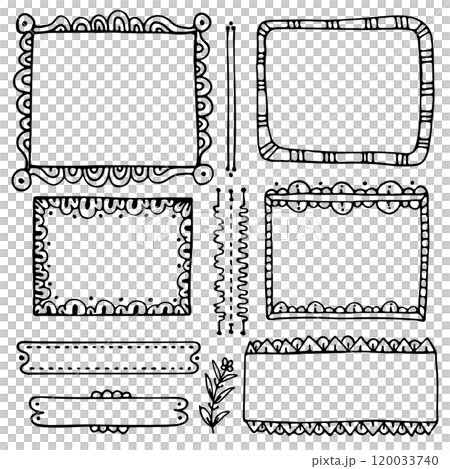 Bullet journal hand-drawn vector frames and elements for notebook, scrapbook, diary, or planner. Doodle black borders isolated on a white background. Bullet journal hand-drawn vector frames and elements for notebook, scrapbook, diary, or planner. Doodle black borders isolated on a white background. 120033740