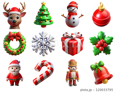 Collection of different christmas 3d icons including snowman, santa, nutcracker, gift box, mistletoe, christmas tree Collection of different christmas 3d icons including snowman, santa, nutcracker, gift box, mistletoe, christmas tree 120033795