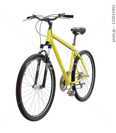 Yellow bicycle, front side view. Black leather saddle and handles. Png clipart isolated on transparent background 120033992